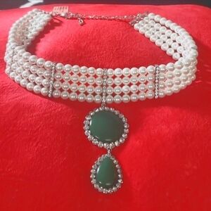 Green Aventurine Glass Pearl Crystal Pendant Necklace